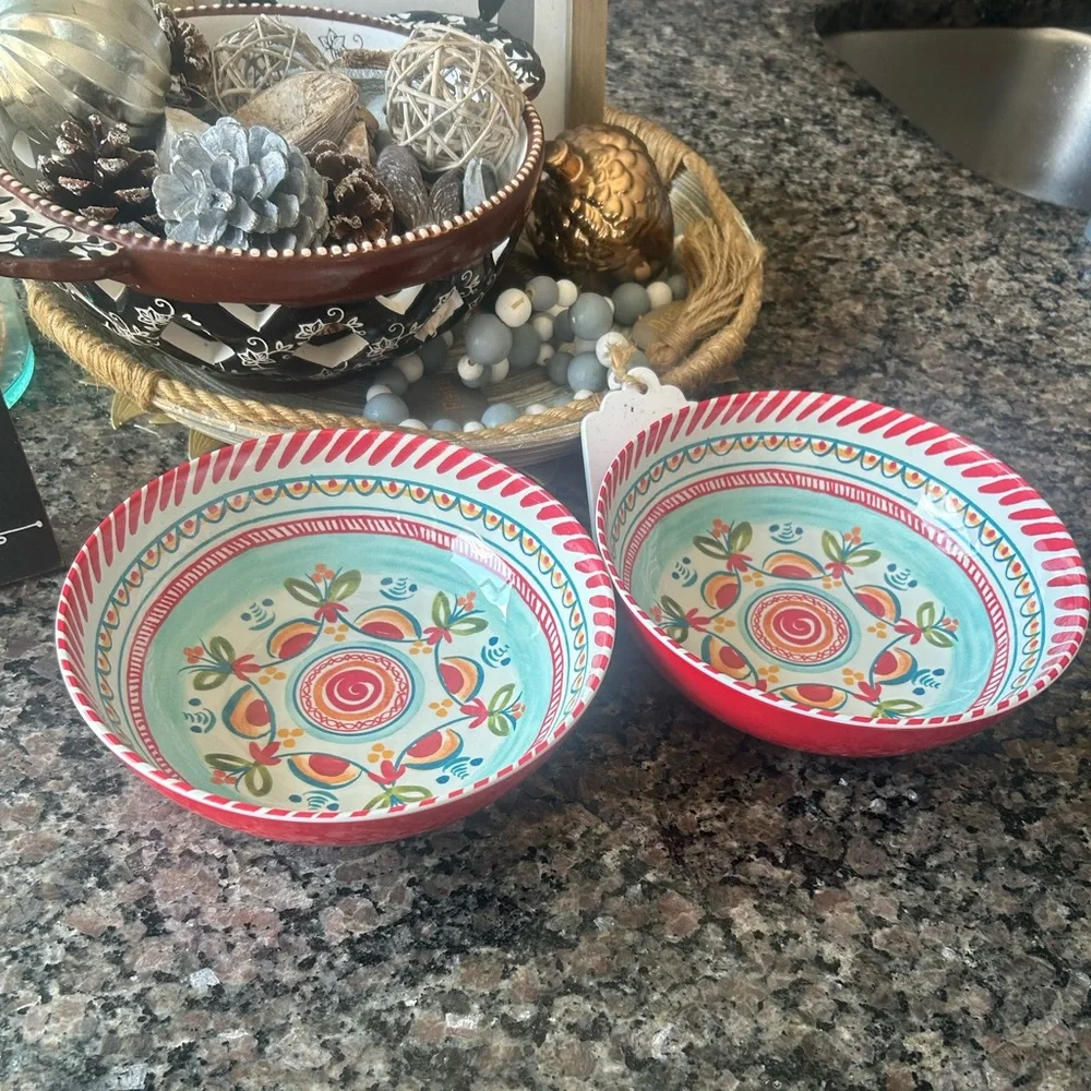 ✨Rachel Roy Red Blue Spanish Style Tile Medallion Melamine Cereal Bowls Set Of 2